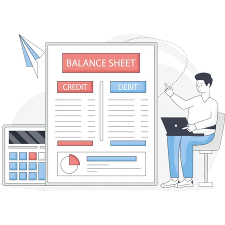 Man watching debit and credit detail on balance sheet  Illustration