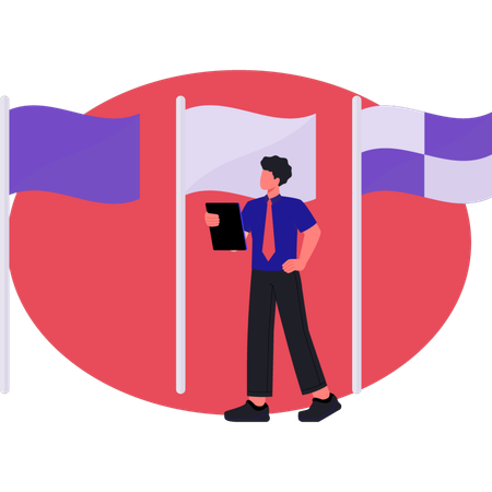 さまざまな国の国旗を眺める男性  イラスト