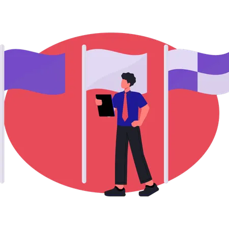 さまざまな国の国旗を眺める男性  イラスト