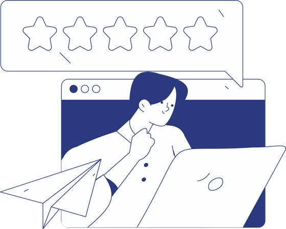 Man watching five rating stars on laptop  Illustration