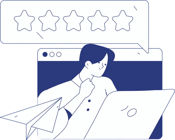 Man watching five rating stars on laptop  Illustration