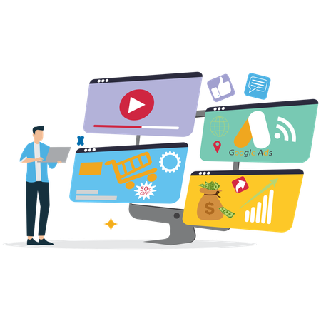 Man watching Google Advertising on laptop  Illustration