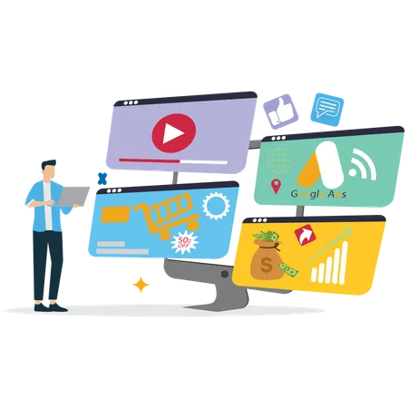 Man watching Google Advertising on laptop  Illustration