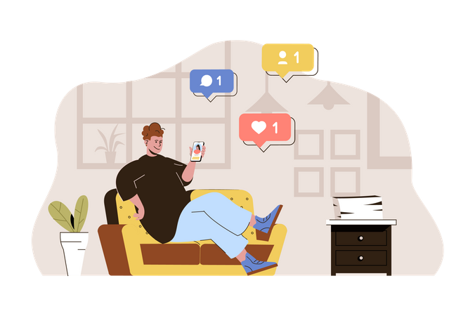 Man watching likes on social media platform  일러스트레이션