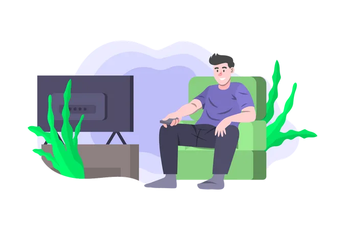 Man watching movie on television Illustration