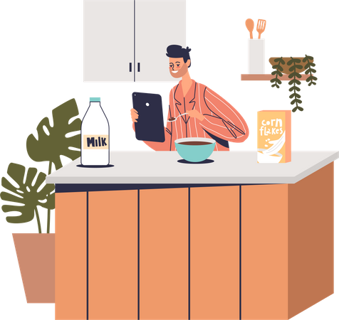 Man watching online cooking tutorial  Illustration