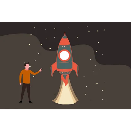 Man watching rocket launch  Illustration