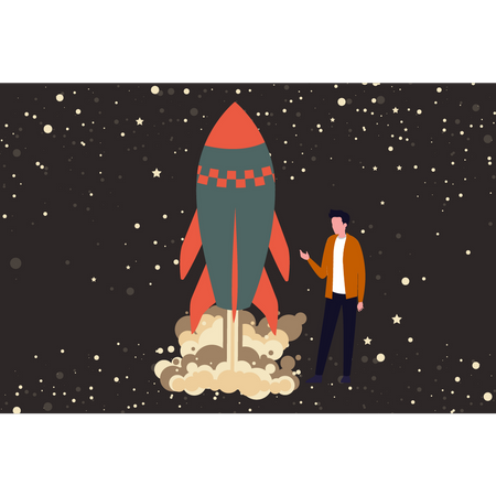 Man watching rocket launch  Illustration