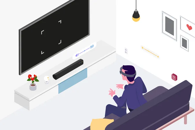 소파에 앉아 VR 안경을 통해 스마트 TV를 시청하는 남자  일러스트레이션