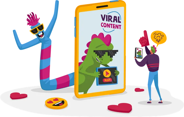 Tiny Male Character With Gadget Device In Teen Clothes Look On Funny Dragon At Huge Smartphone Screen Viral Content Online Share And Broadcast In Internet Entertainment Cartoon Vector Illustration イラスト