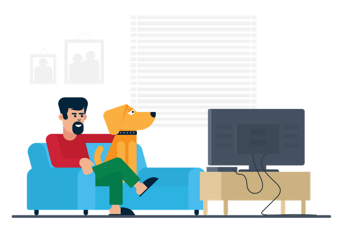 Man watching tv with dog  イラスト