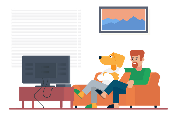 Man watching tv with human dog  Illustration