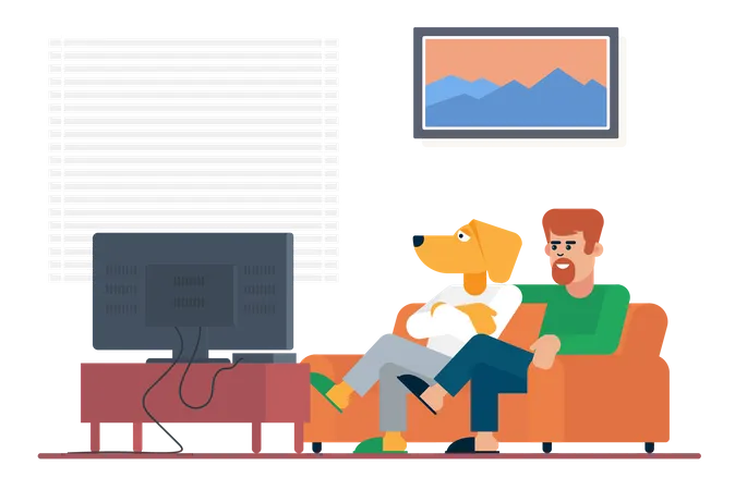 Man watching tv with human dog  Illustration
