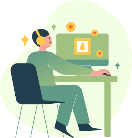 Man Watching Video on Desk  Illustration