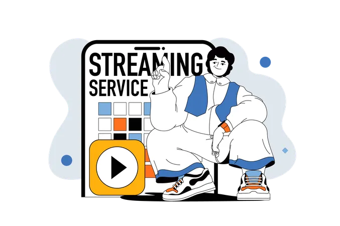 Streaming Service Outline Web Modern Concept In Flat Line Design Man Watching Video Or Cinema And Using Online Content Stream App Vector Illustration For Social Media Banner Marketing Material Illustration