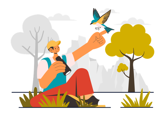 Man Watching Wild Bird  Illustration