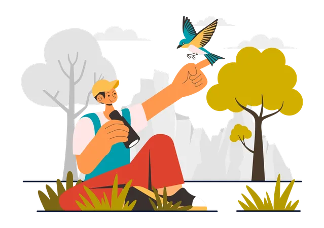 Man Watching Wild Bird  Illustration