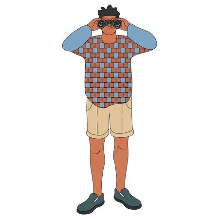 Man Watching With Binoculars Vector Illustration In Line Filled Design Illustration