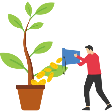 Concept Of Seeking Investment Starting Project Funding Investing Money In Business Woman Watering A Plant Growing In A Pot With A Bucket Full Of Dollar Coins Flat Vector Illustration For Poster 일러스트레이션