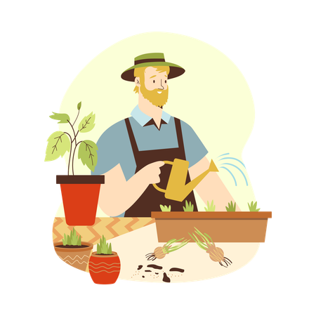 Man watering and care for house green potted plants on city balcony  Illustration