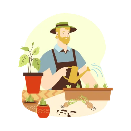 Man watering and care for house green potted plants on city balcony  Illustration