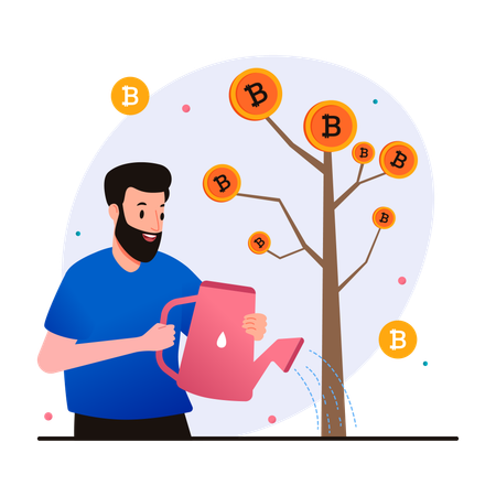 Man watering and growing bitcoin tree  Illustration