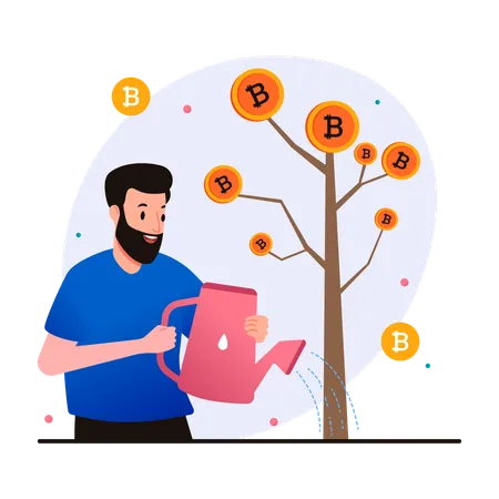 Man watering and growing bitcoin tree  Illustration