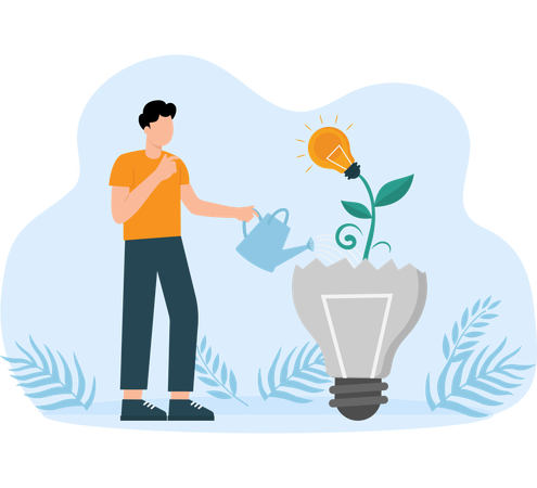 Man watering bulb plant for gorwing idea  Illustration