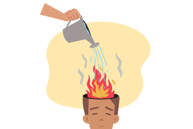 Man watering burning brain  Illustration