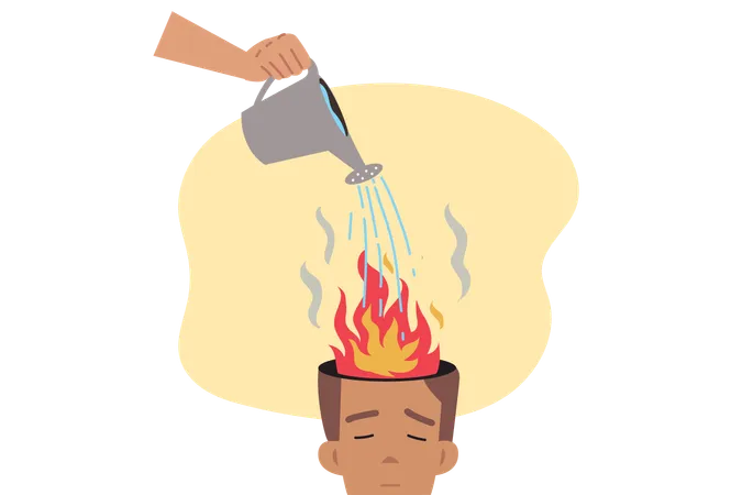 Man watering burning brain  Illustration