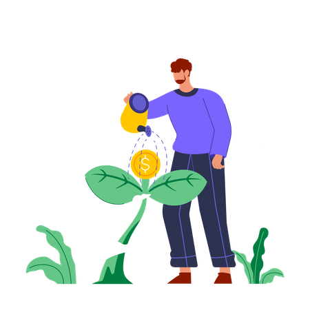 Man watering dollar plant  Illustration