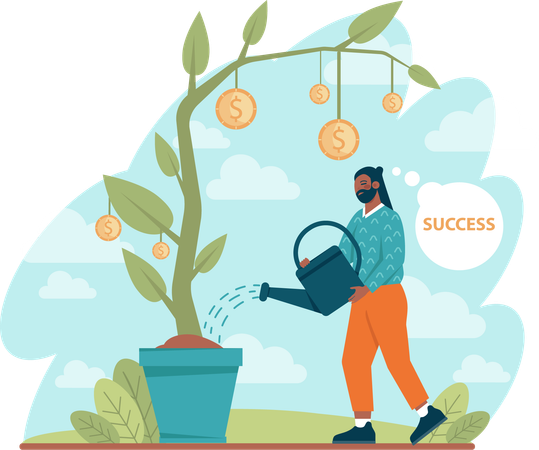 Man watering dollar plant for financial success  Illustration