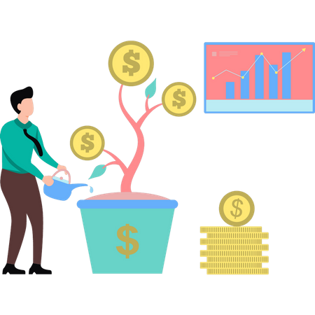 Man watering dollar plant  Illustration