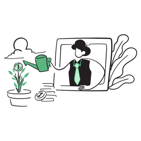 Man watering dollar plant  Illustration