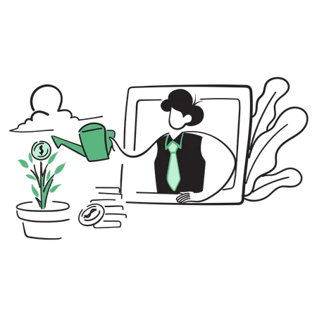 Man watering dollar plant  Illustration