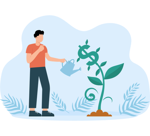 Man watering dollar plant  Illustration
