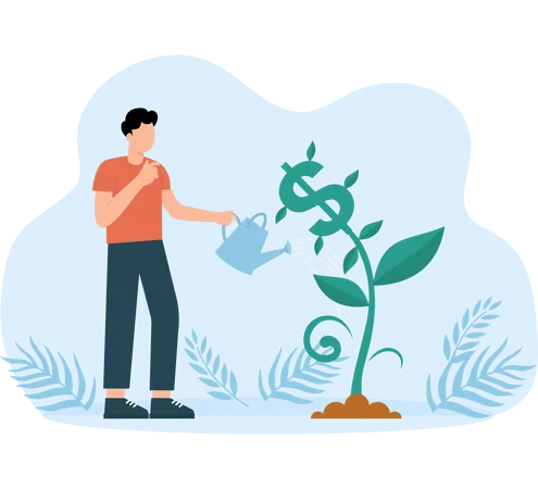 Man watering dollar plant  Illustration
