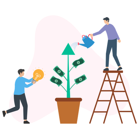 Man watering dollar plant while getting Profit Gain  Illustration