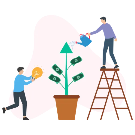 Man watering dollar plant while getting Profit Gain  Illustration