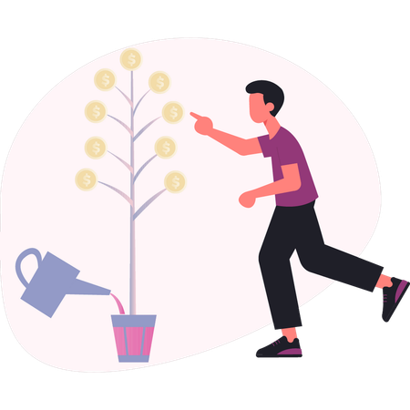 Man watering dollar tree  Illustration