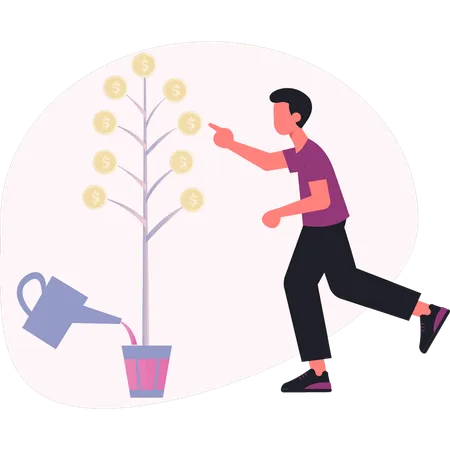 Man watering dollar tree  Illustration