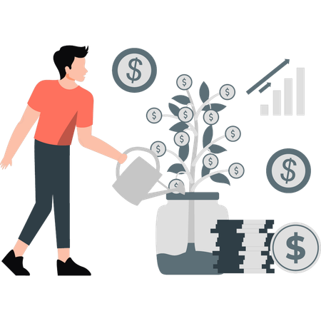 Man watering dollar tree  Illustration