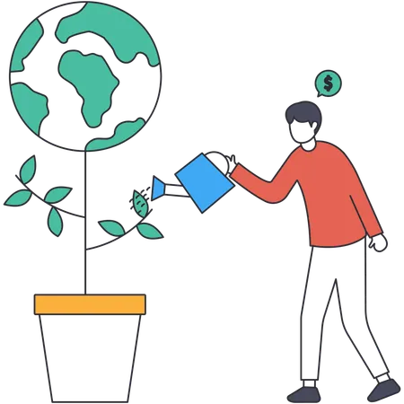 Man watering globe plant and doing Social Responsibility  Illustration