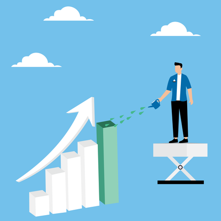 Man watering graph column in form of growing arrow  Illustration