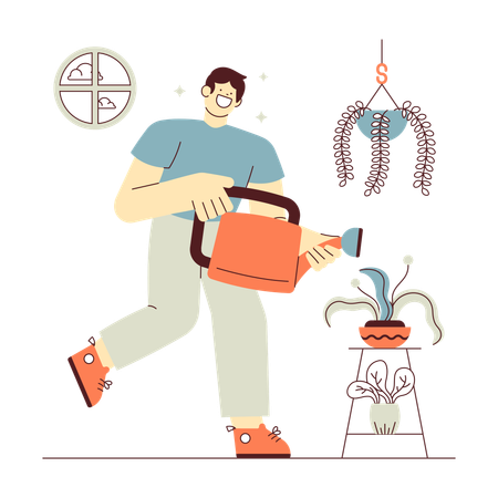 Man Watering House Plant  Illustration