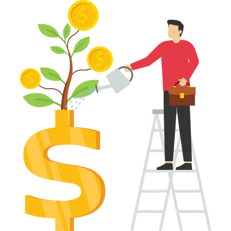 Man Watering Dollar Sign Plant As Investment Concept Money Growth Investment Profit Growth Or Retirement Pension Fund Increase In Wealth And Income Illustration