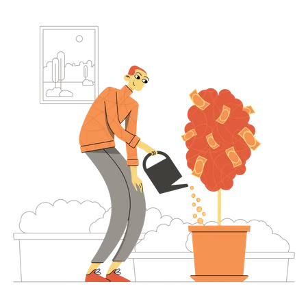 Man watering investment Illustration