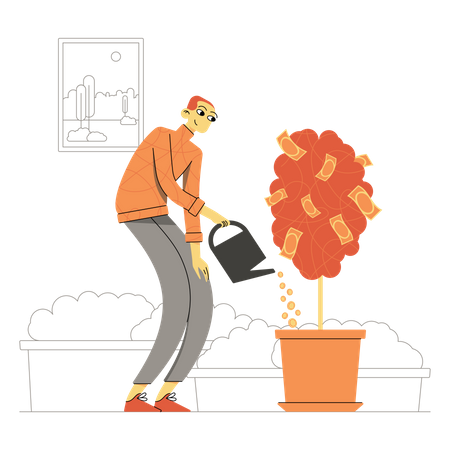 Man watering investment  Illustration