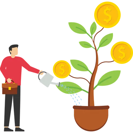 Man Watering Money Plant As Investment Concept Profitable Business Model Arrow Symbol And Dollar Signs On The Background Flat Style Vector Illustration Illustration