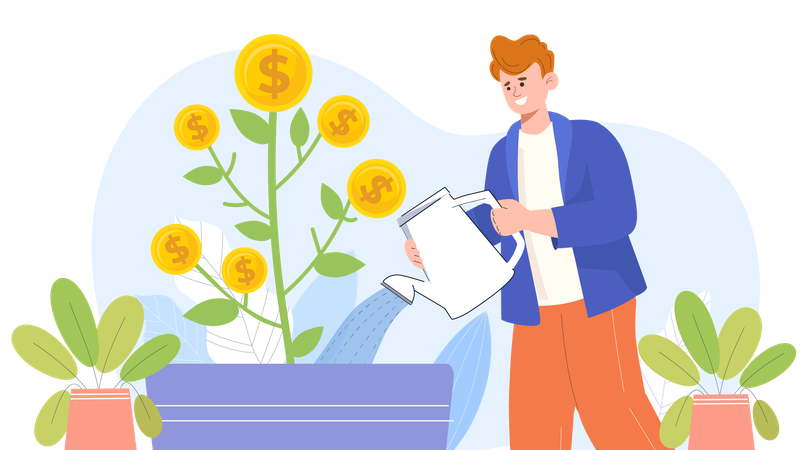 Man watering money plant  Illustration